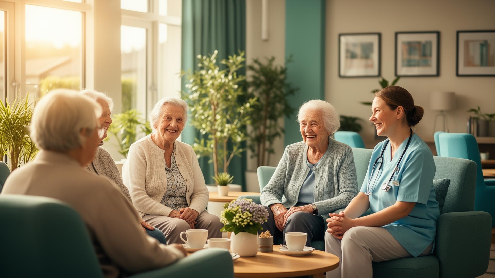 Caregiver and elderly residents enjoying tea in a sunlit retirement village lounge